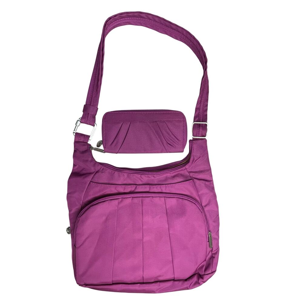 Travelon Anti-Theft Pleated Hobo Crossbody Bag and wallet Purple - Picture 3 of 11